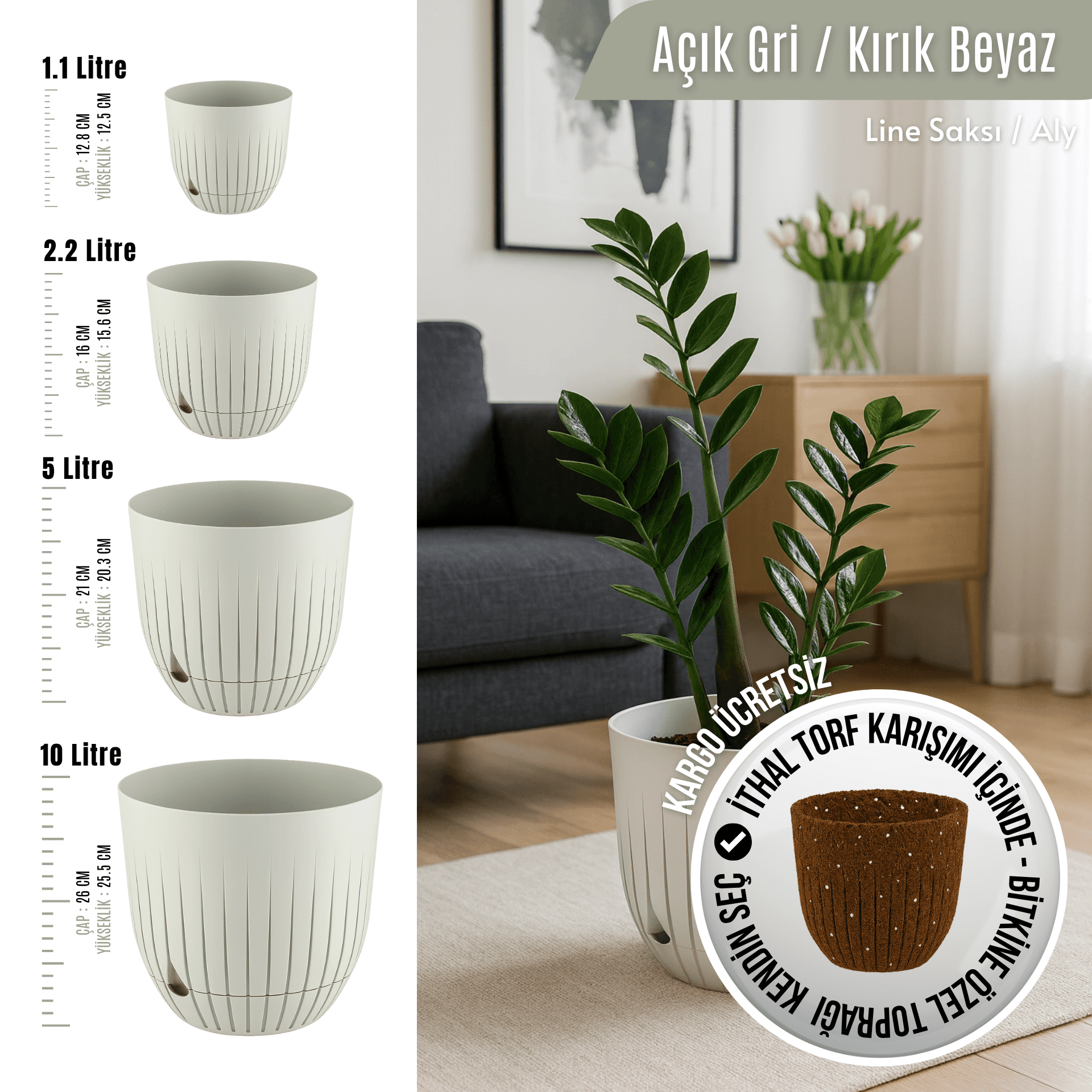 Line Tabaklı Bitki Saksısı | Açık Gri (4 Boy Seçenekli) | İthal Torf Dahil